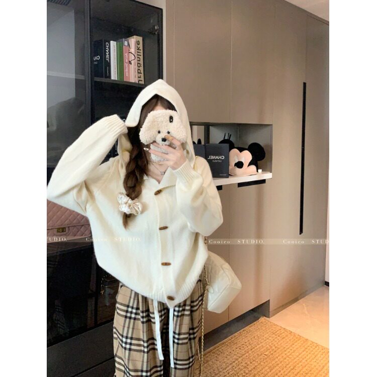 日本OFFCAT扣连帽毛衣外套女秋冬韩系小个子宽松休闲针织开衫上衣