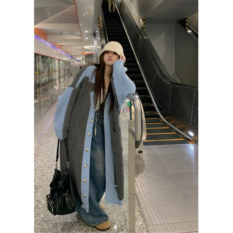 日本offcat慵懒风加厚撞色拼接毛衣外套女秋冬气质百搭中长款针织
