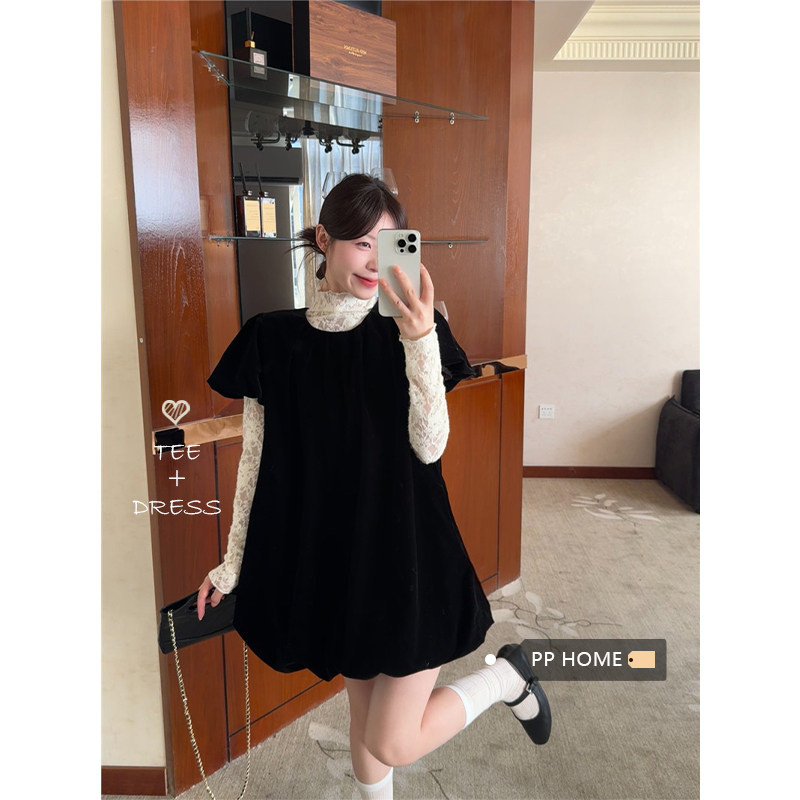 日本offcat法式复古丝绒泡泡袖背心裙中高领蕾丝上衣内搭打底衫两