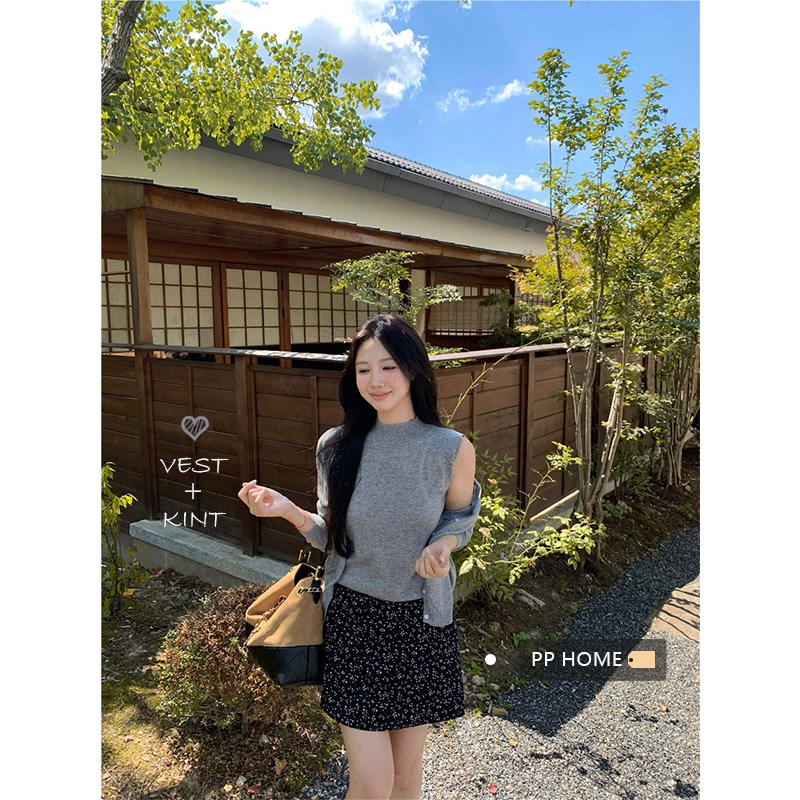 日本offcat温柔风灰色毛衣套装女秋冬圆领针织开衫毛衣内搭碎花半