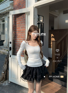 日本offcat白色U领露肩长袖针织衫上衣女春季修身显瘦减龄内搭打