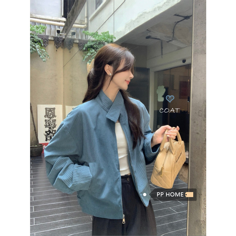 日本offcat蓝色灯芯绒立领短款外套女秋冬韩版宽松设计感百搭夹克