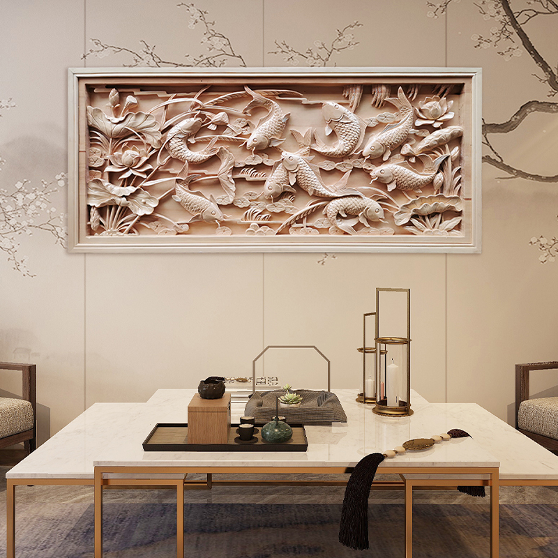 东阳木雕明清古典挂件椴木立体浮雕新中式背景墙装饰画九鱼纯手工图片