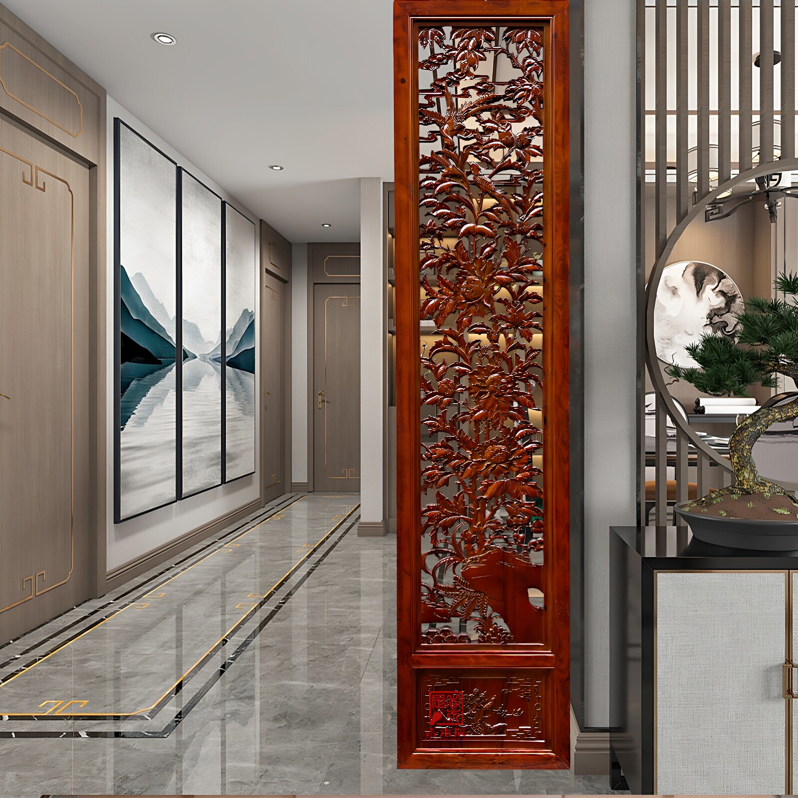 东阳木雕中式仿古实木镂空隔断屏风进门玄关电视背景墙雕花板定制