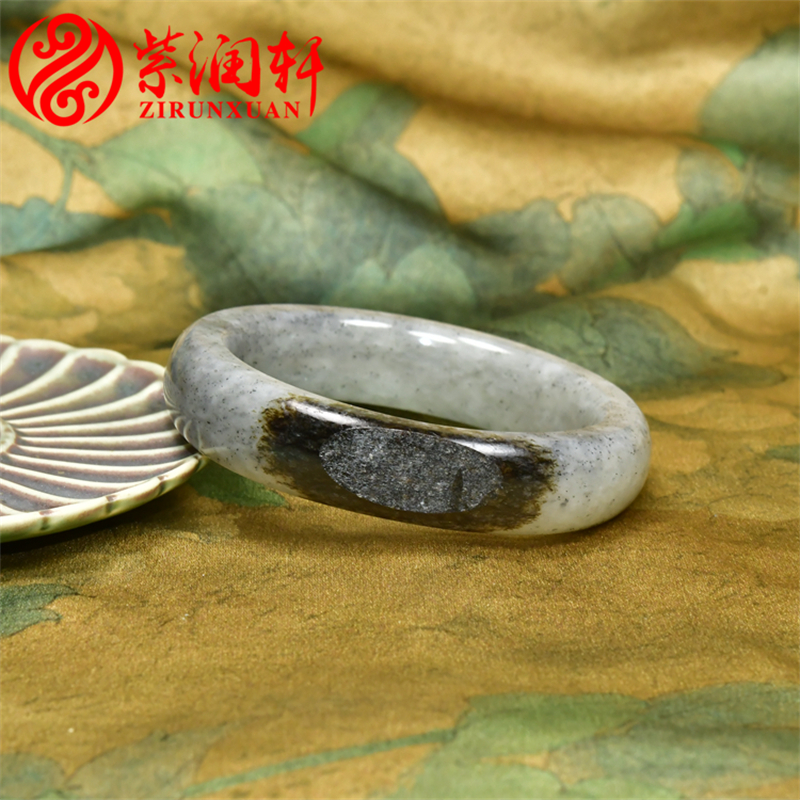 紫润轩新疆和田玉白玉青花籽料手镯水墨聚黑皮58 5意境分明传家级