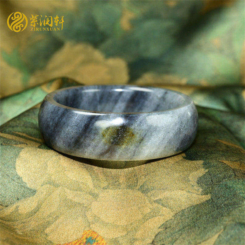 紫润轩新疆和田玉籽料手镯白底水墨青花宽版洒金皮58 8MM传家级