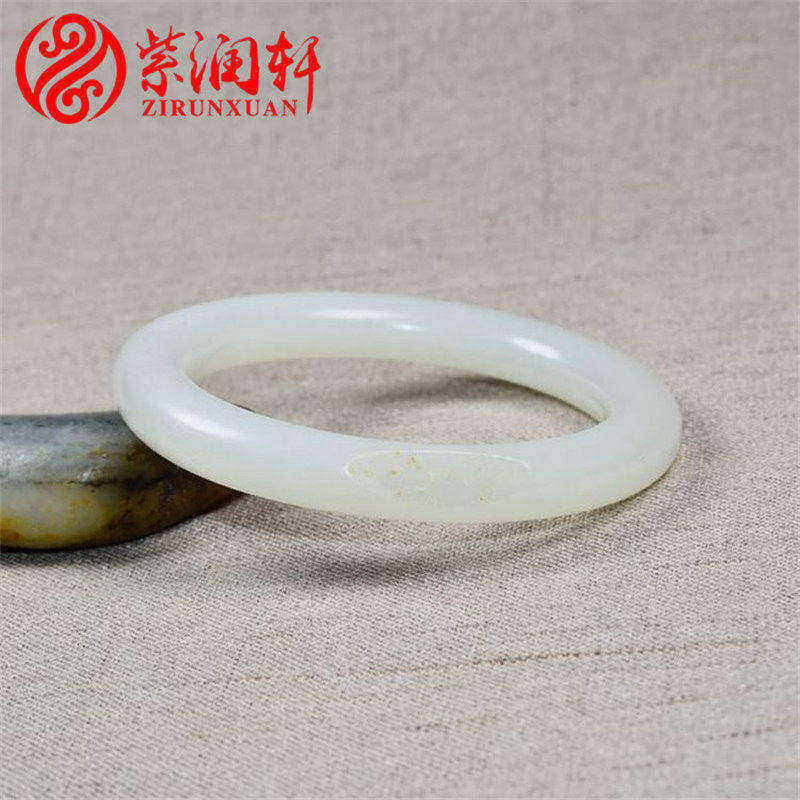 紫润轩新疆和田玉白玉籽料手镯真皮羊脂玉圆条高油糯56MM传家级