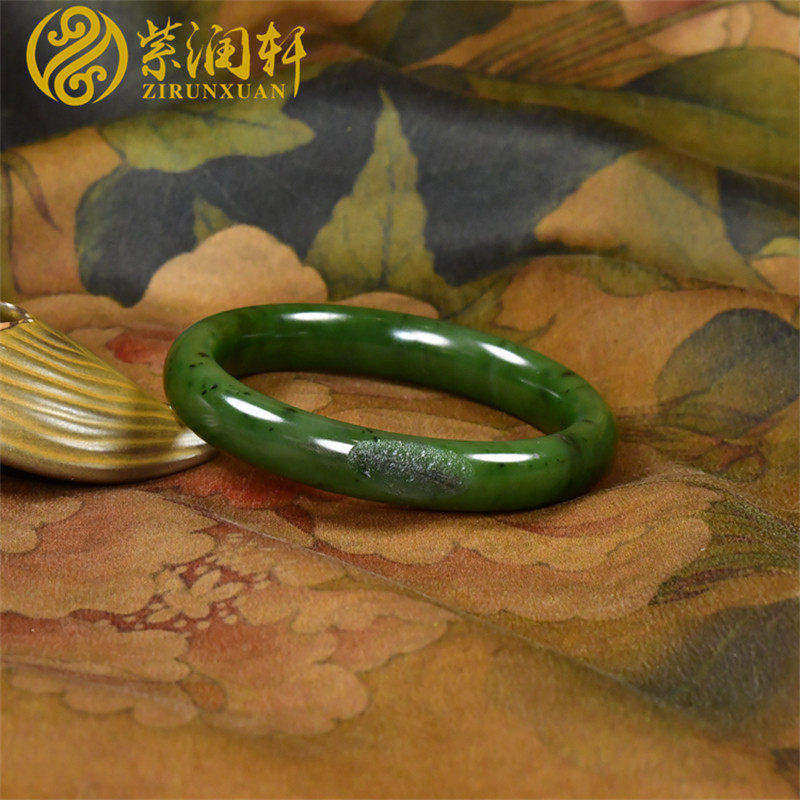 紫润轩新疆和田碧玉籽料手镯高油哑光留皮58 5MM菠菜绿天然籽镯珍