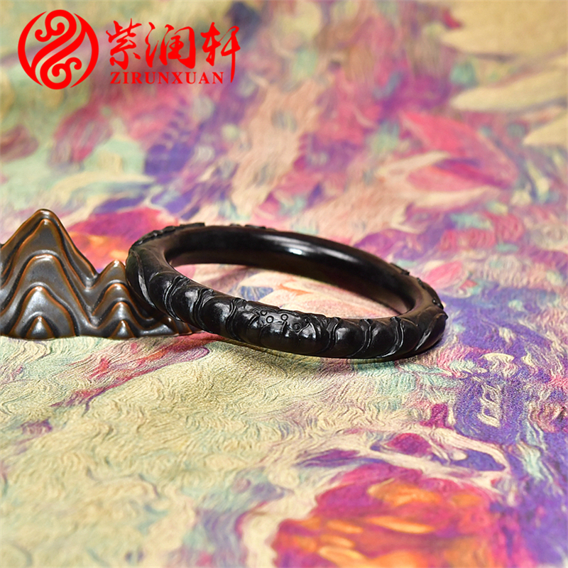 和田玉墨玉莲花籽料手镯圆条荷花