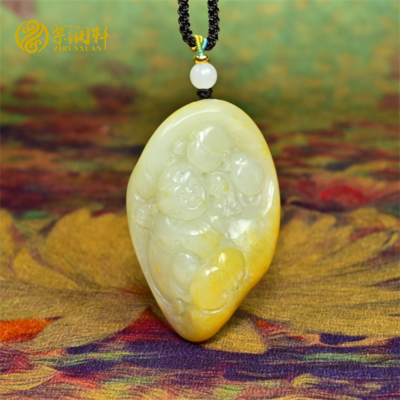 紫润轩新疆和田玉籽料童子献寿吊坠独籽原皮洒金皮黄皮童子挂件