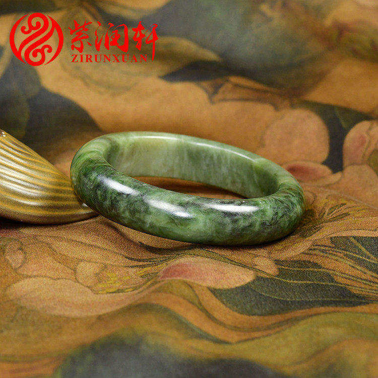 紫润轩新疆和田玉翠青手镯且末料老熟浅糖飘翠53MM玉镯亚光收藏级