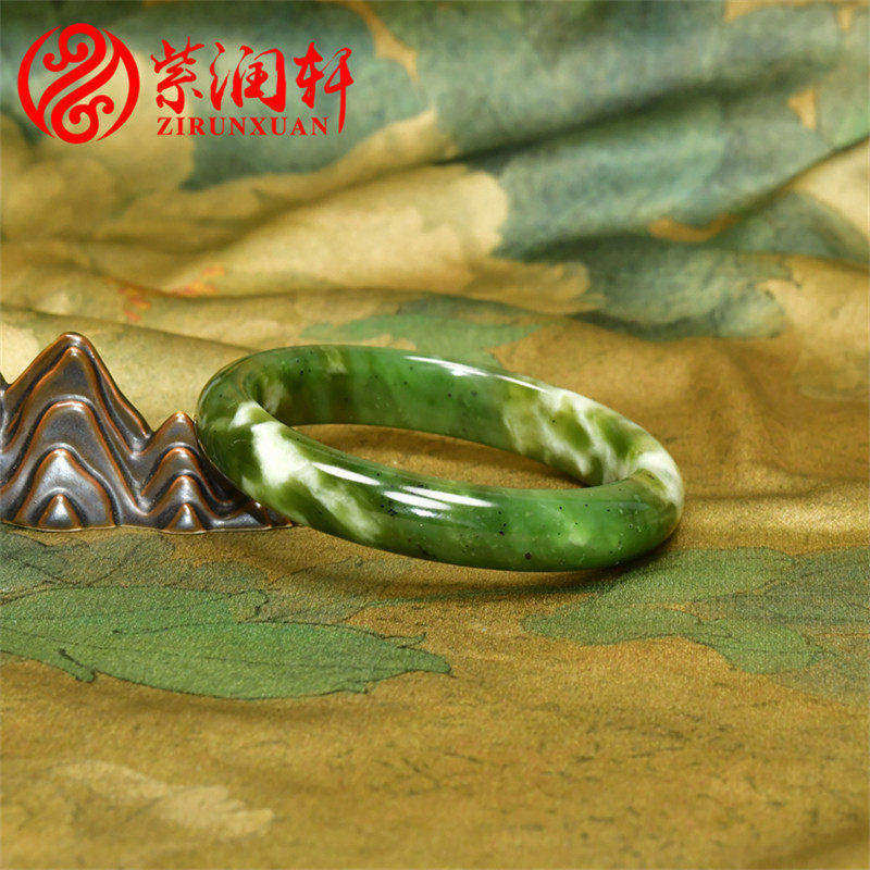 紫润轩新疆和田玉碧玉手镯57 8MM白加绿菠菜绿玉镯山流水料传家级