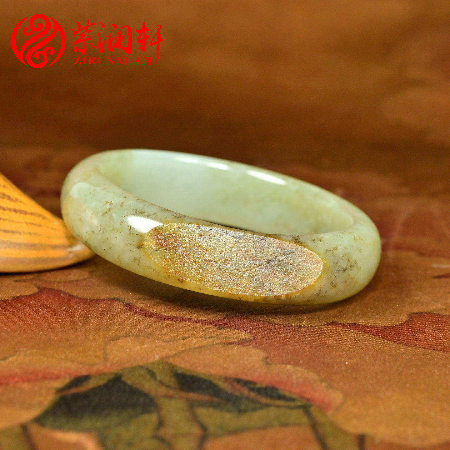 紫润轩新疆和田玉籽料贵妃手镯洒金皮糖沁青白50MM哑光镯子收藏级
