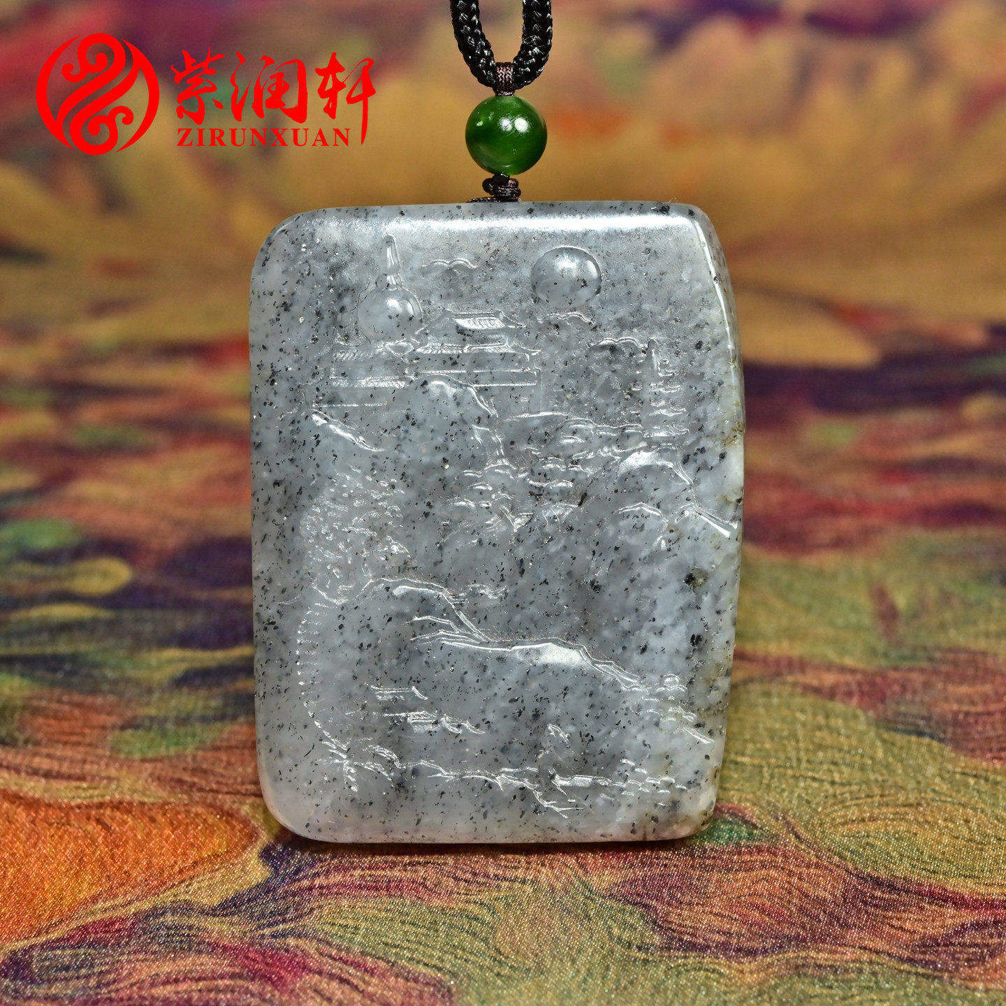 紫润轩新疆和田玉青花玉籽料挂件玉牌山水意境苏工吊坠男女款精品