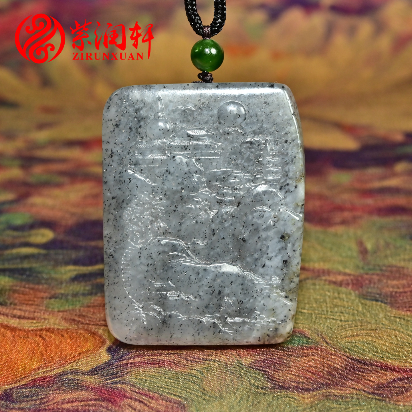 紫润轩新疆和田玉青花玉籽料挂件玉牌山水意境苏工吊坠男女款精品