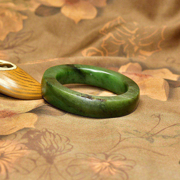 紫润轩新疆和田玉碧玉籽料手镯方条菠菜绿留皮58 8MM高密度传家级