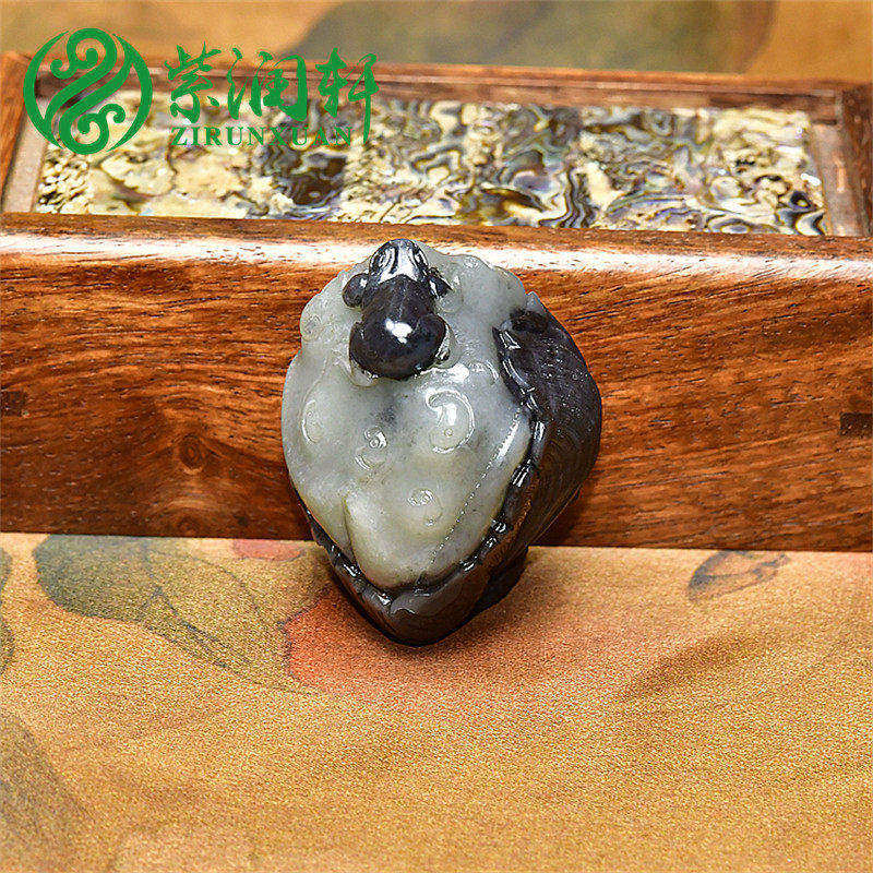 紫润轩新疆和田玉墨玉籽料莲蓬吊坠荷花一品清莲挂件收藏级精品