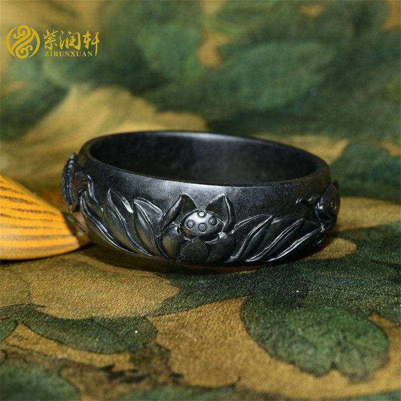 紫润轩新疆和田玉墨玉籽料手镯莲花荷花鲤鱼宽版56 5MM连年有余