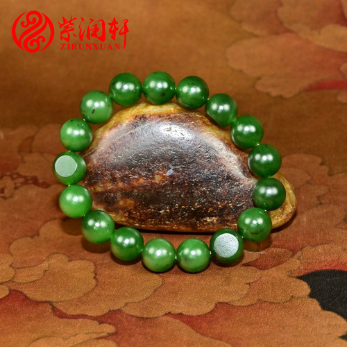 和田玉碧玉籽料手链菠菜绿圆珠