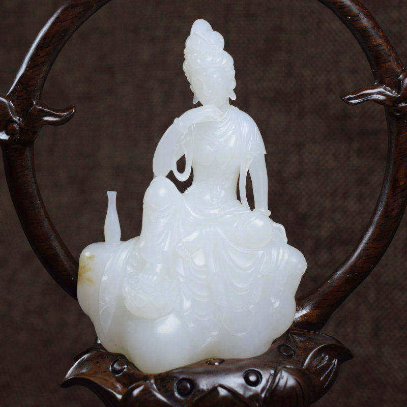 紫润轩新疆和田玉羊脂白玉观音摆件黑山料净瓶观音玉摆件传家收藏