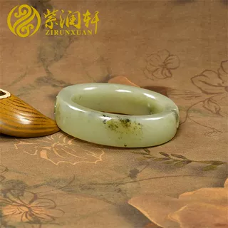 已结缘新疆和田玉籽料莲花手镯56MM青白青花方圆条肥厚玉镯收藏级