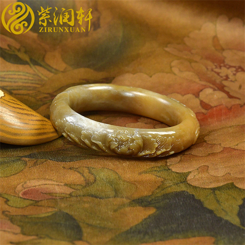 紫润轩新疆和田糖白玉手镯雕花凤穿牡丹玉镯56 7MM哑光蜜糖收藏级