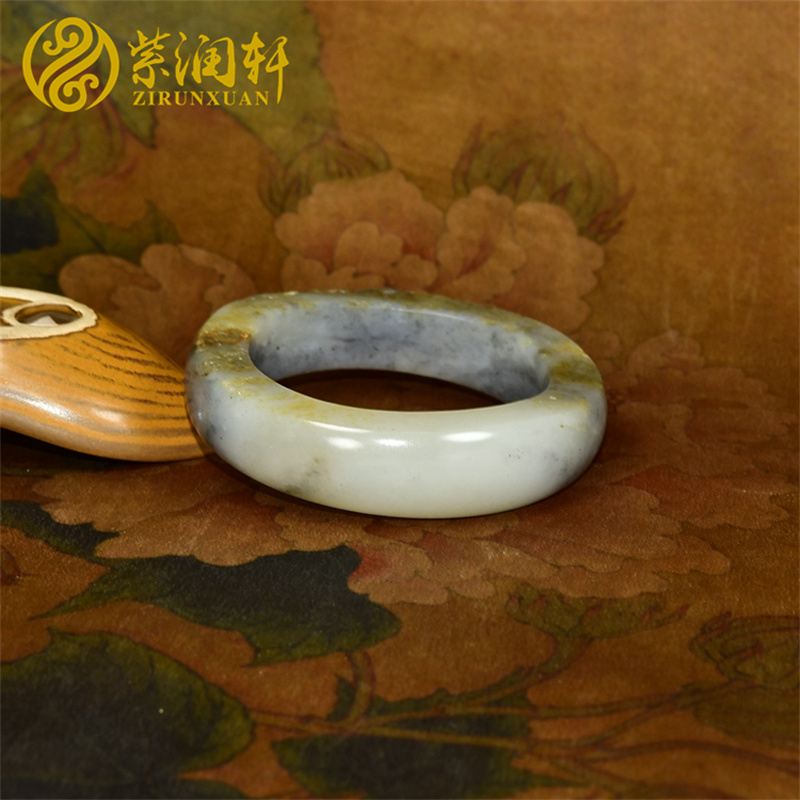 紫润轩新疆和田玉籽料手镯满皮一级白水墨青花镯55MM黑白分明收藏