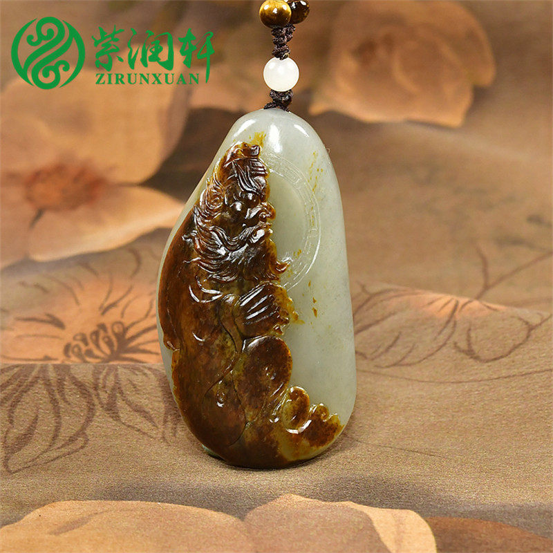 紫润轩新疆和田玉籽料钟馗吊坠青花聚红油皮俏色独籽苏工收藏级