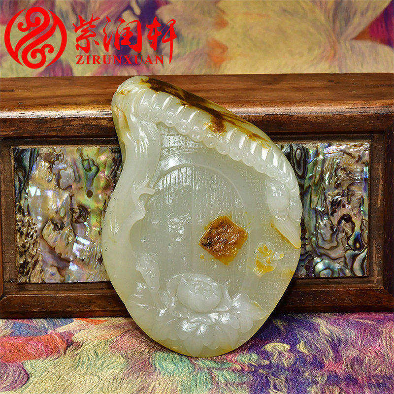 紫润轩新疆和田玉白玉籽料喜鹊吊坠独籽双喜临门牡丹花红皮传家级