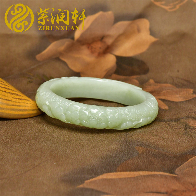 已结缘新疆和田玉青白籽料手镯凤穿牡丹中条玉镯57 5MM珍品传家级