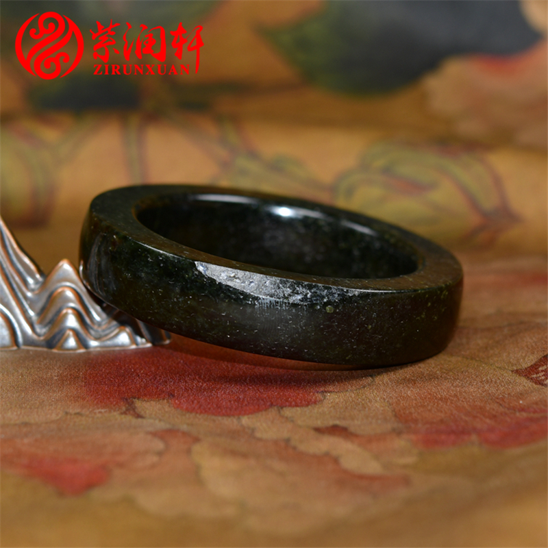 紫润轩新疆和田玉黑青籽料手镯55MM留原皮玉镯方条哑光收藏级