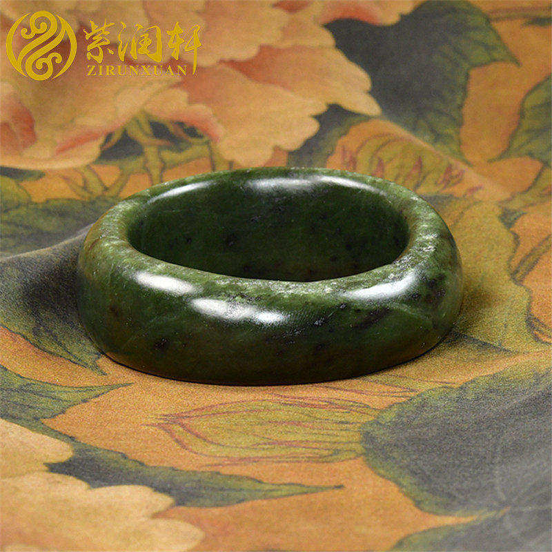 紫润轩新疆和田玉籽料碧玉手镯满皮厚装宽版菠菜绿55 5MM传家级