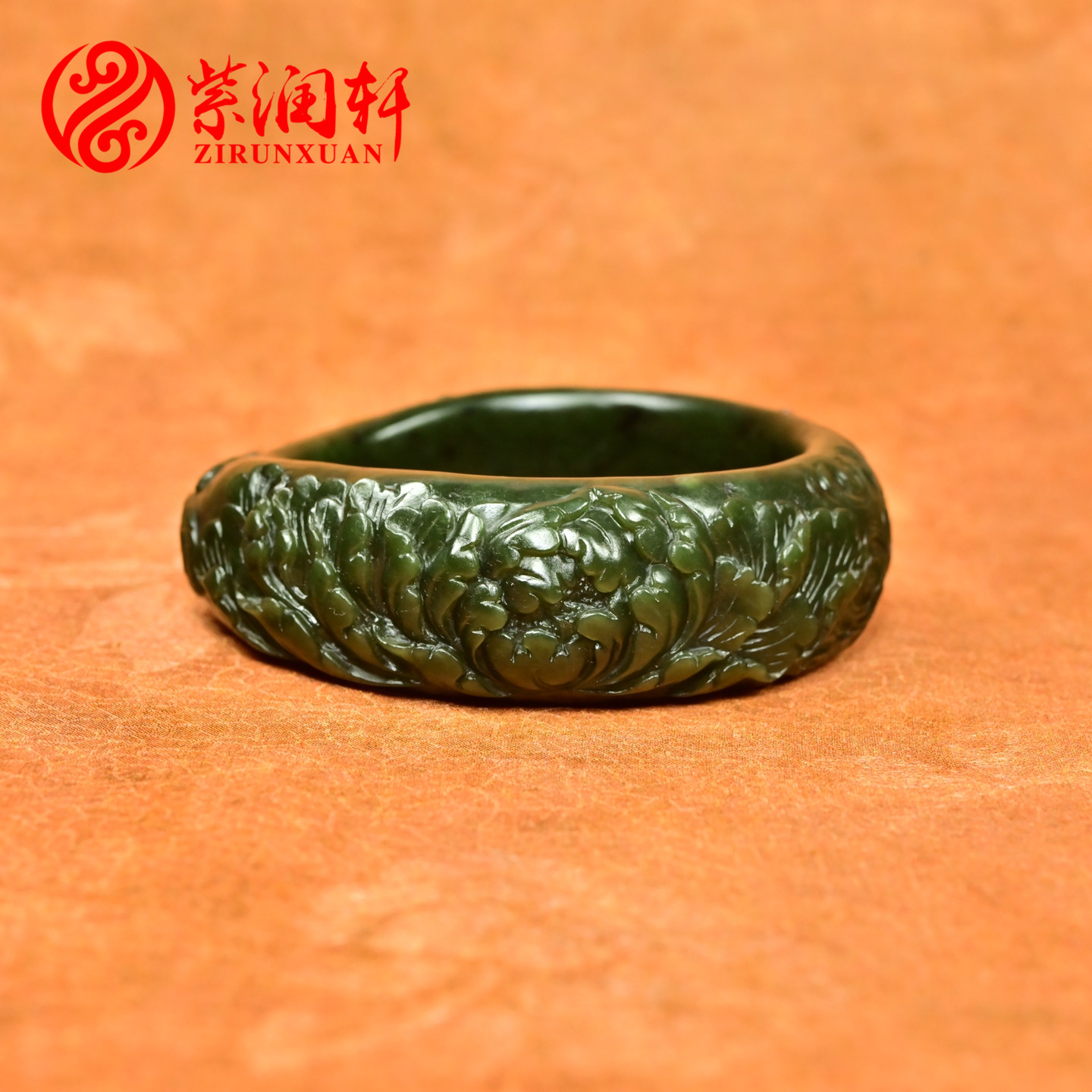 紫润轩新疆和田玉碧玉籽料手镯57 5MM宽版深菠菜绿凤穿牡丹传家级