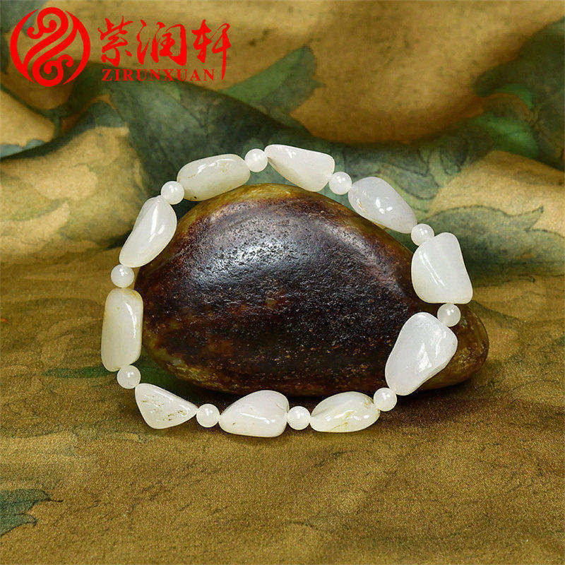 紫润轩新疆和田玉白玉籽料手链独籽原石手串27g无修形女款传家级