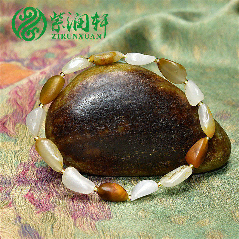 紫润轩新疆和田玉籽料原石原籽手链白玉黄沁独籽12g男女款手串