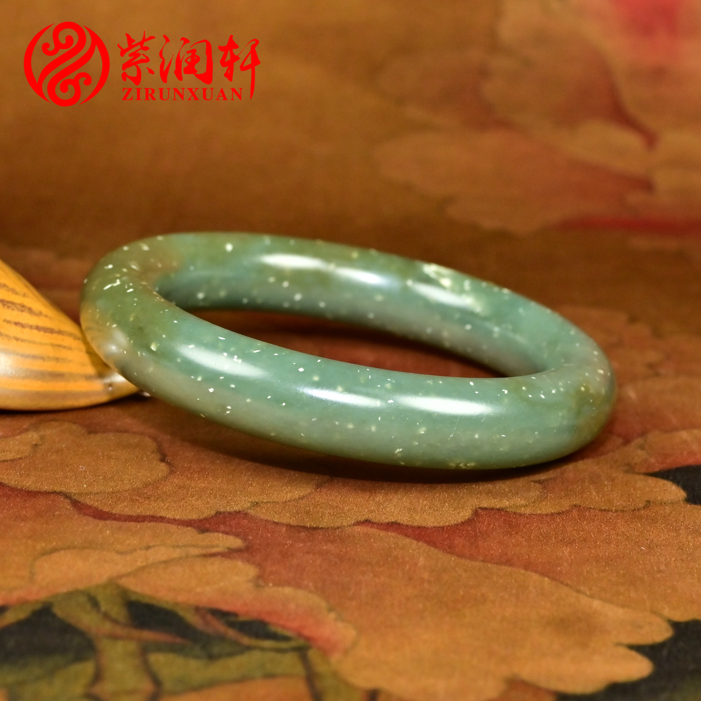 紫润轩新疆和田玉籽料手镯糖青玉飘雪花棉籽镯58MM圆条哑光收藏级