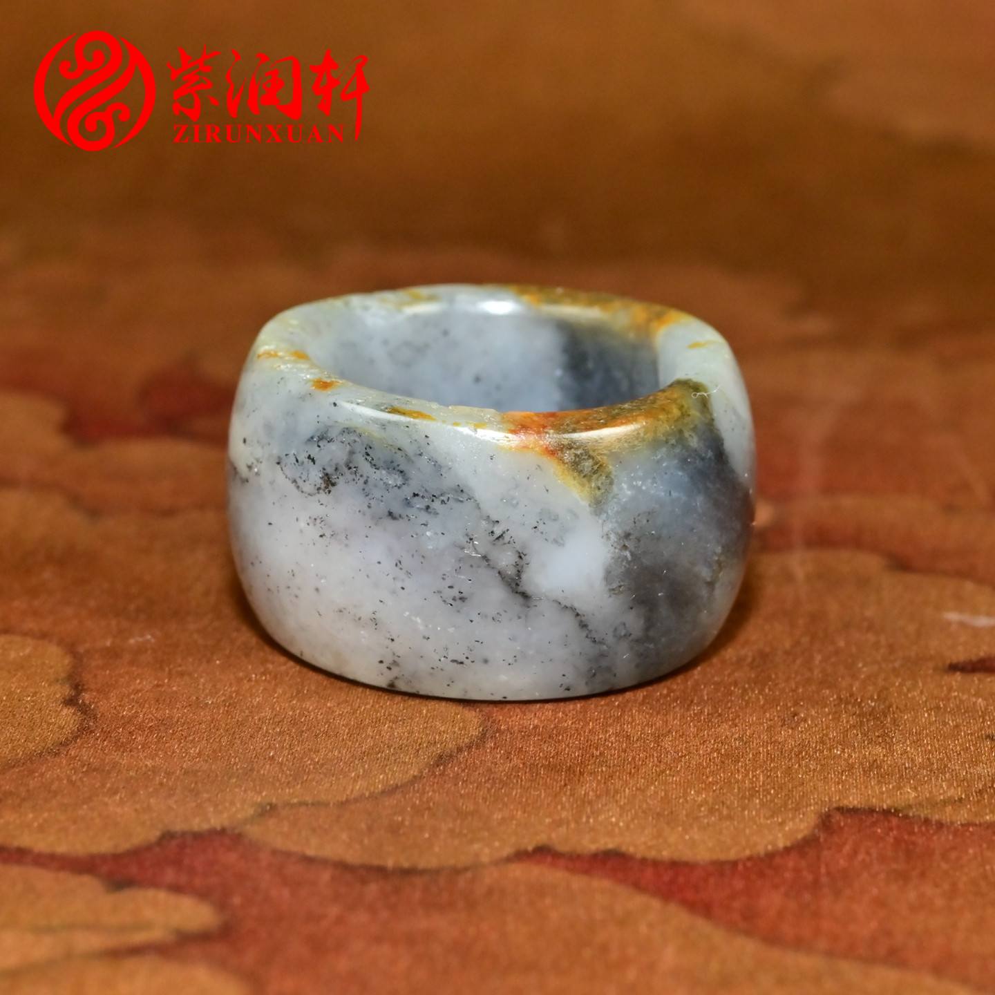 紫润轩新疆和田玉籽料扳指21 2MM素面满皮枣红皮水墨青花把件挂件