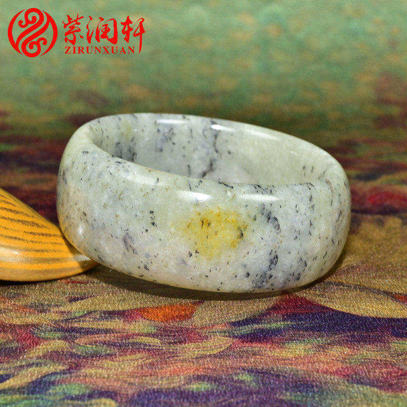 紫润轩新疆和田玉宽版籽料手镯60MM水墨青花洒金皮哑光意境传家级