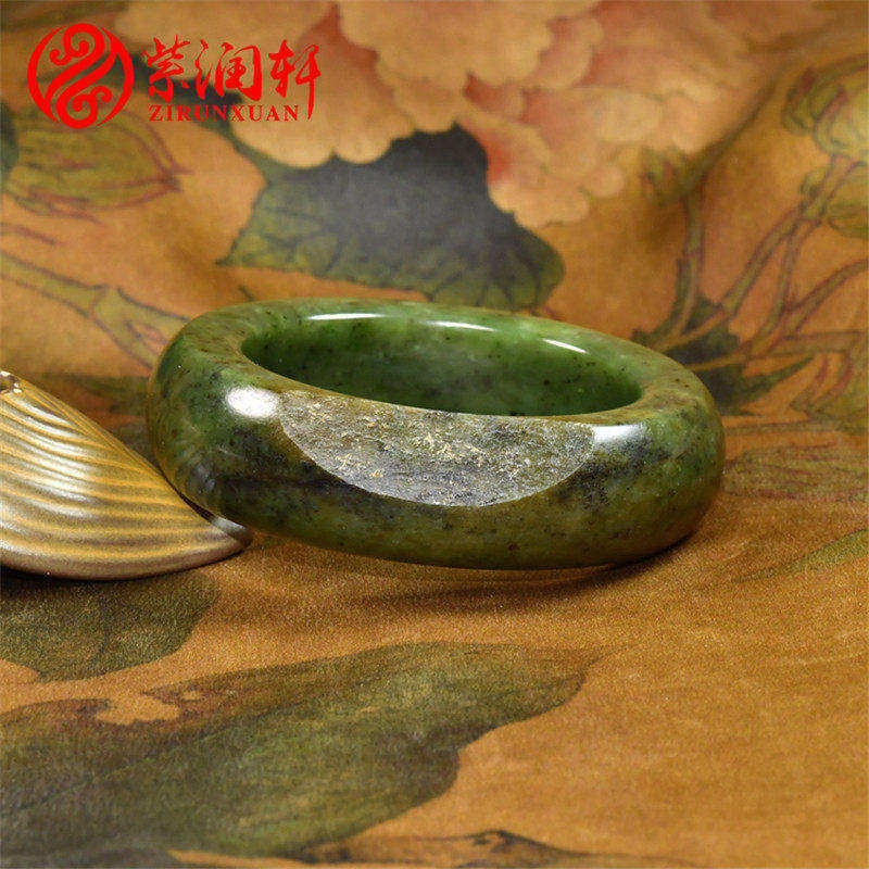 紫润轩新疆和田玉籽料碧玉手镯秋梨皮厚装宽版菠菜绿56 8MM传家级