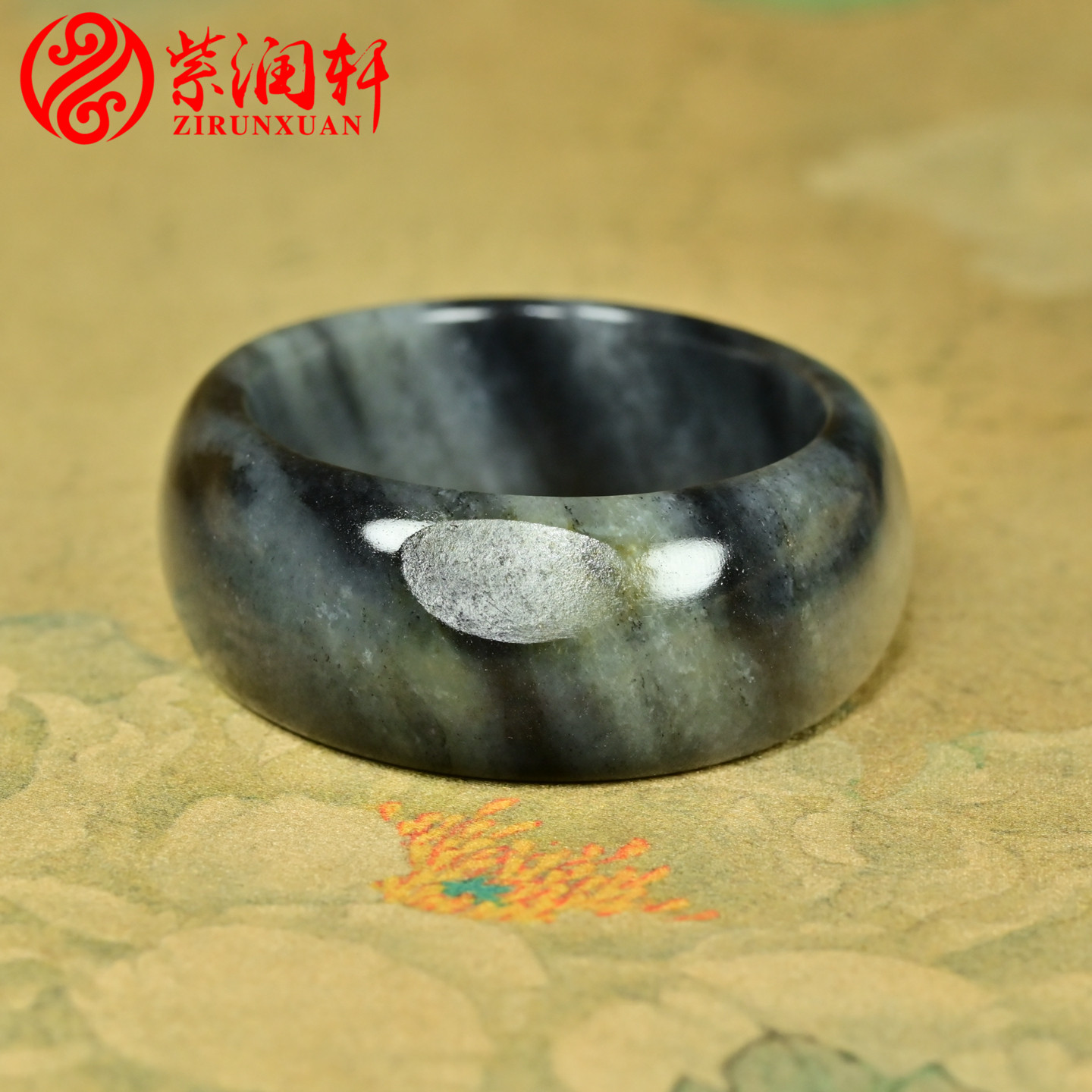 紫润轩新疆和田玉籽料手镯47MM白玉底水墨青花洒金皮小圈口收藏级