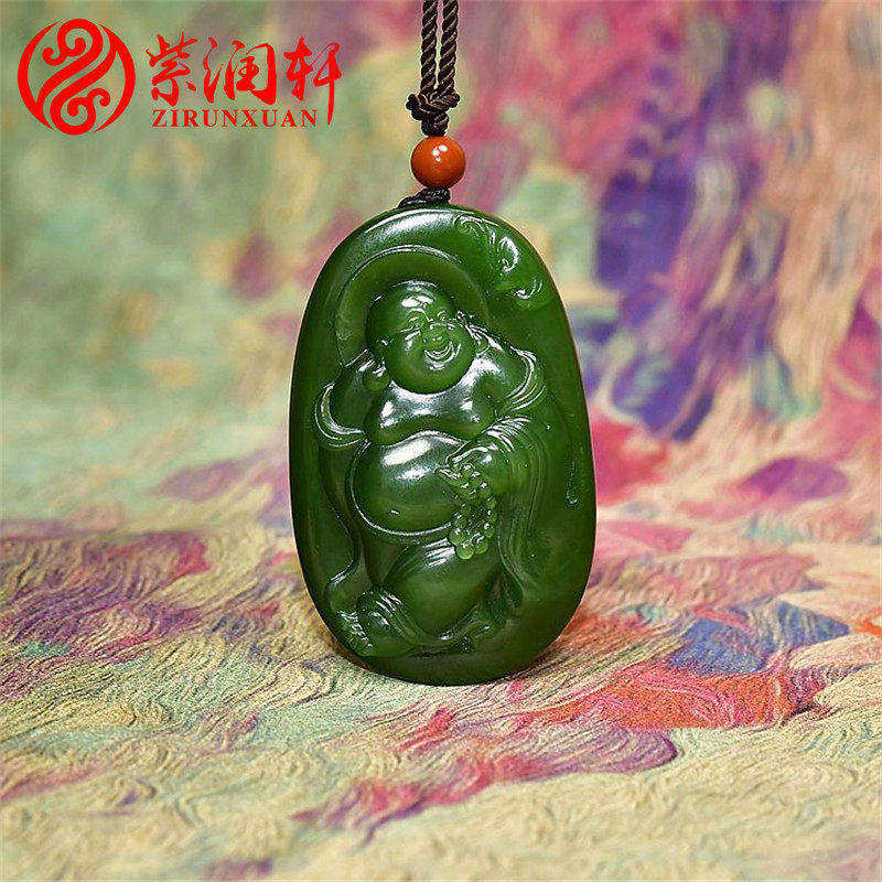 紫润轩和田玉7号坑碧玉佛公吊坠老坑俄料挂件菠菜绿弥勒佛玉坠