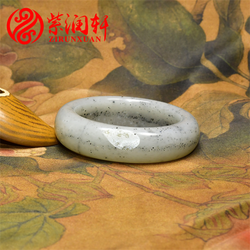 紫润轩新疆和田玉青花点墨籽料手镯白底水墨意境籽镯54 5MM收藏级