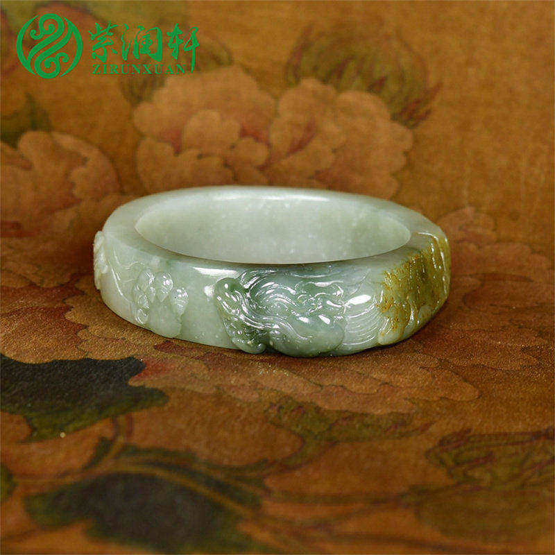 紫润轩新疆和田玉三色翠青籽料手镯56MM洒金皮苏工龙头守护传家级