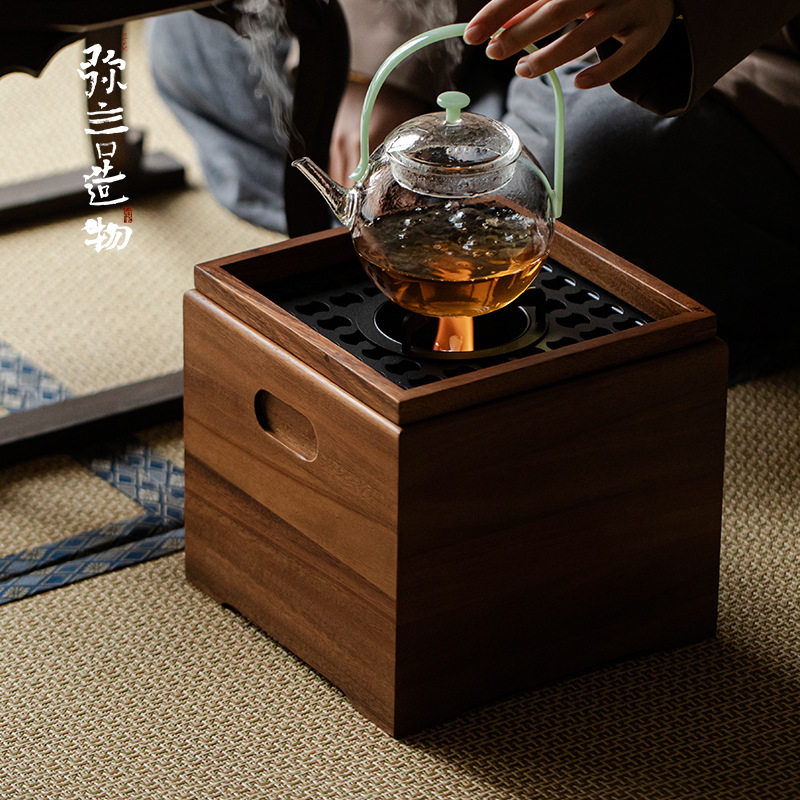 弥言实木火钵酒精灯加热火炉箱围炉煮茶小号加热底座日式茶道配件