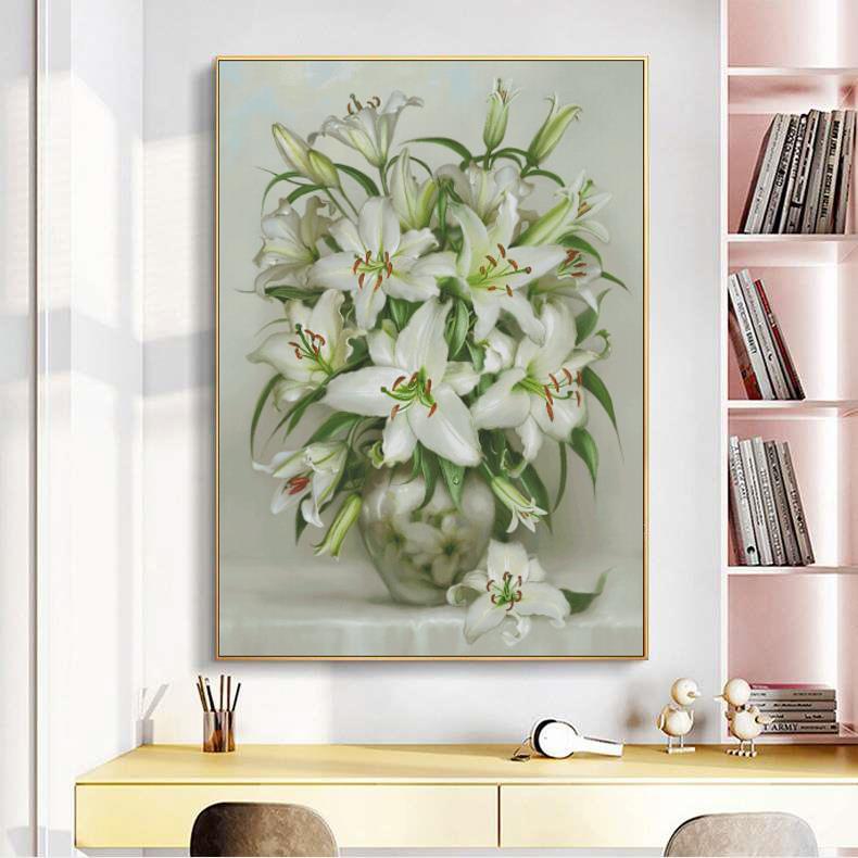 EstE油画白色百合花竖版玄关十字绣2024新款绣线绣客厅卧室自己绣