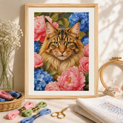 【ZZ9217-牡丹花丛中的缅因猫】十字绣2026新款客厅简约猫咪系列