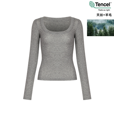 自制轻柔裸肤感天丝羊毛T恤女长袖U领正肩打底上衣729/810/811