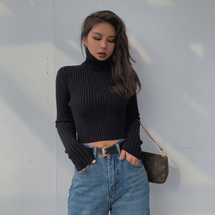 自制ins复古性感高腰短款高领毛衣女洋气内搭外穿打底衫针织保暖