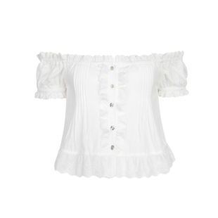 小众初恋白蕾丝花边木耳边拼接褶皱泡泡袖一字肩衬衫上衣甜辣妹