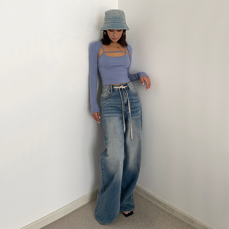 早秋新款渐变色阔腿裤女水洗复古抽绳高级设计感宽松牛仔裤拖地裤